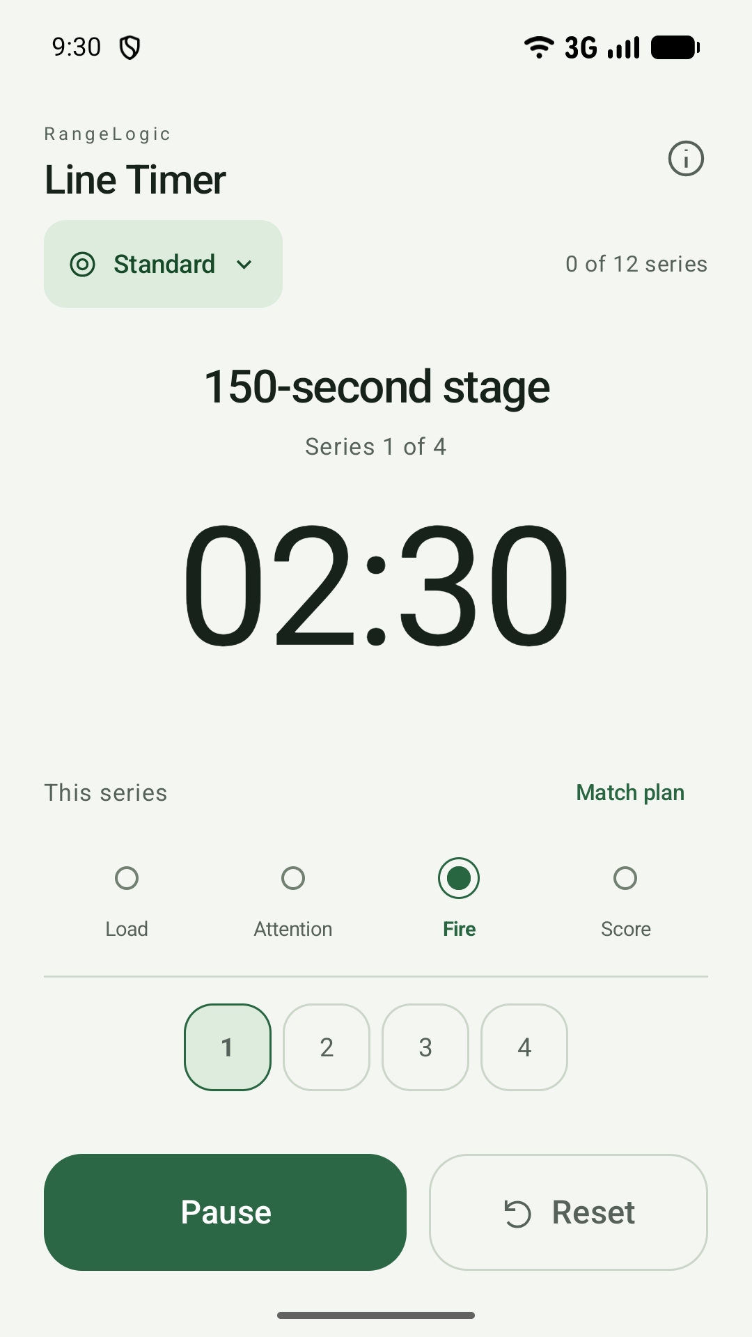 Line Timer in light mode showing a Standard Pistol 150-second stage, a 02:30 countdown and series controls.