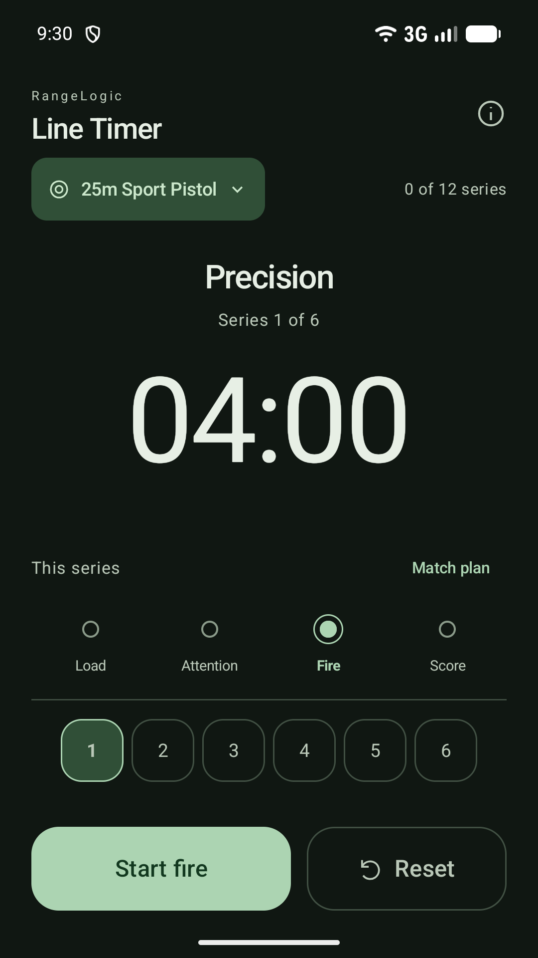 Sport Pistol precision timer in dark mode showing 04:00 and six series controls.