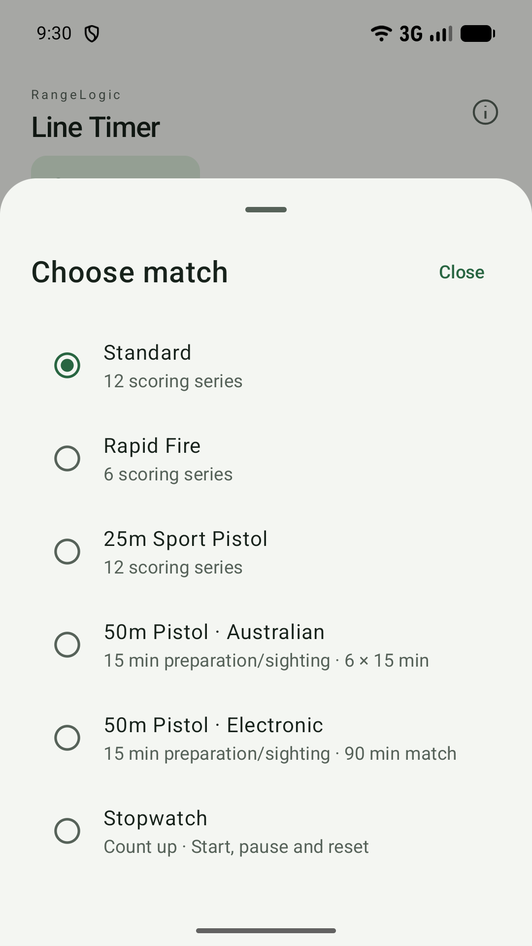 Match selection with Standard, Rapid Fire, Sport Pistol, Australian and electronic-target 50m Pistol programmes, and Stopwatch.