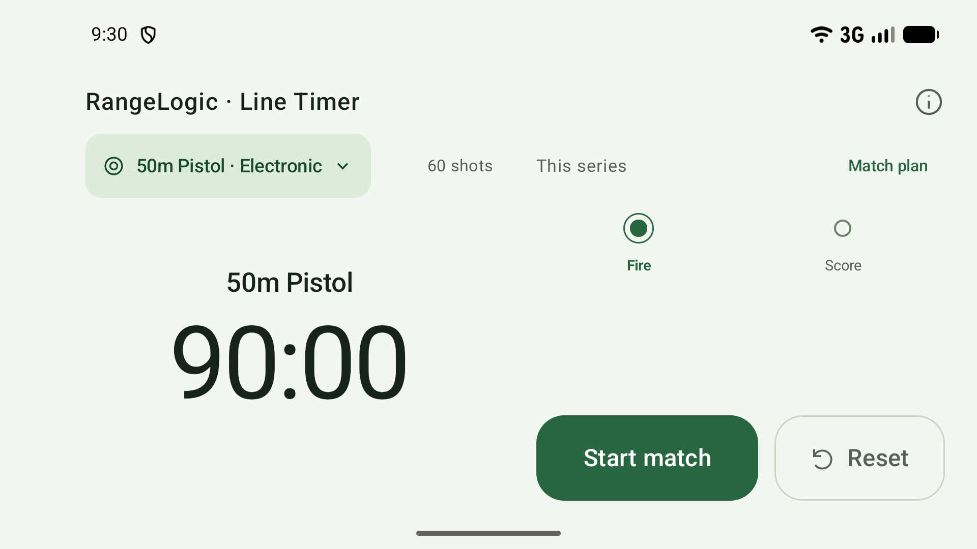 Landscape layout for the 50m Pistol electronic-target match showing a 90:00 countdown and Start match control.