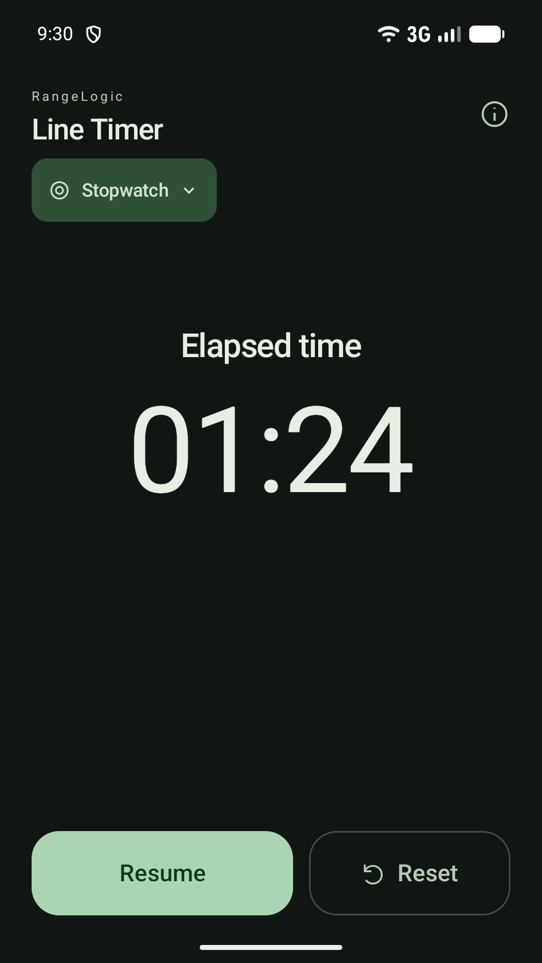 Stopwatch in dark mode paused at 01:24, with Resume and Reset controls.